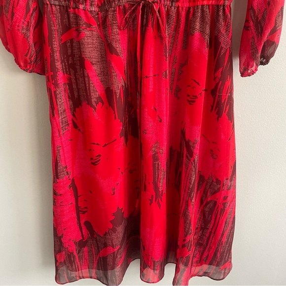 Adrianna Papell Women's Drawstring Waist Red Abstract Midi Dress Size 12 - Picture 4 of 12
